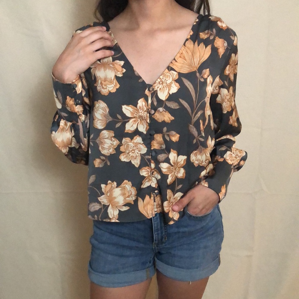 Salt Water Luxe button up blouse gray with orange floral
